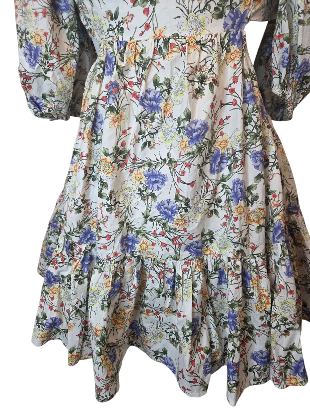 Harp & Finn Mable Floral Open Back Mini Dress W/Puff Sleeves & Ruffle Women's M - Picture 7 of 16